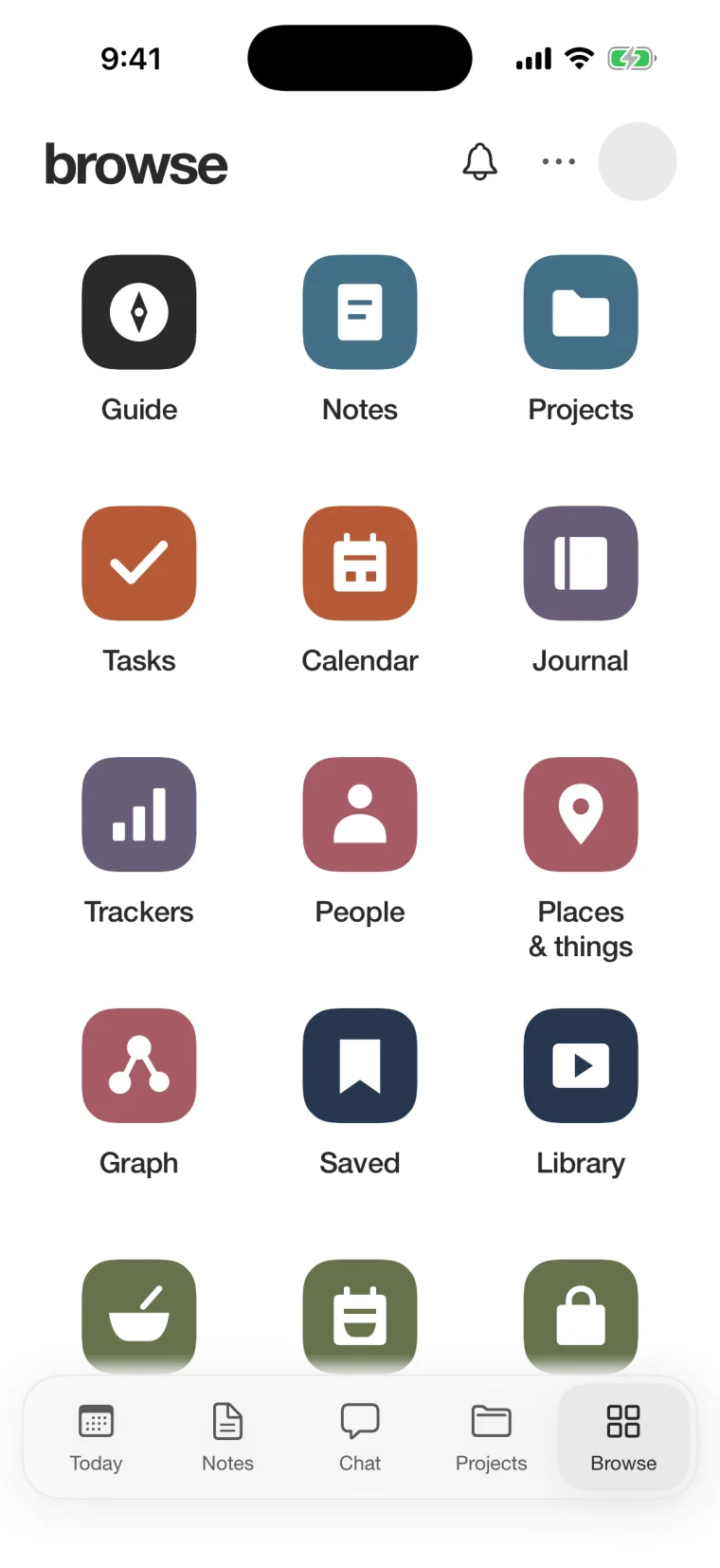 Beckett Browse showing color-coded collections for notes, projects, tasks, calendar, people, library, and recipes.