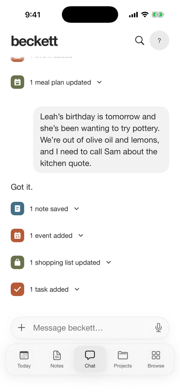 Beckett chat turning one message into a saved note, calendar event, shopping list update, and task.