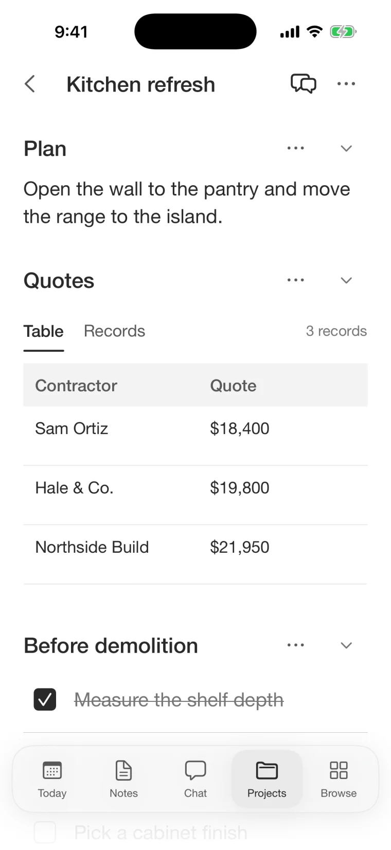 Beckett project workspace with a plan, a table of contractor quotes, and a checklist.