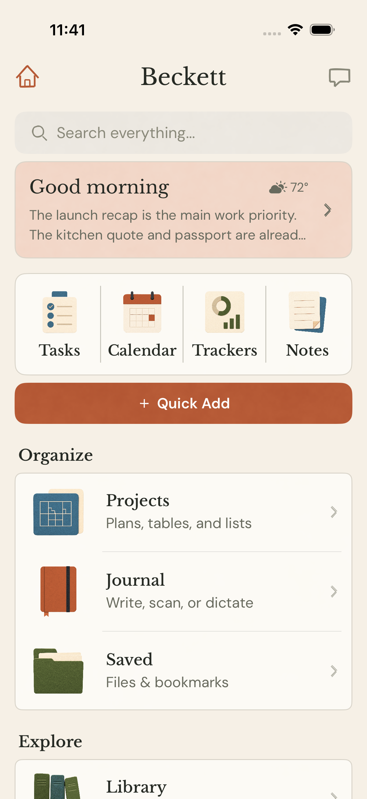Beckett Browse showing a daily briefing and structured shortcuts for tasks, calendar, trackers, notes, projects, journal, and saved items.