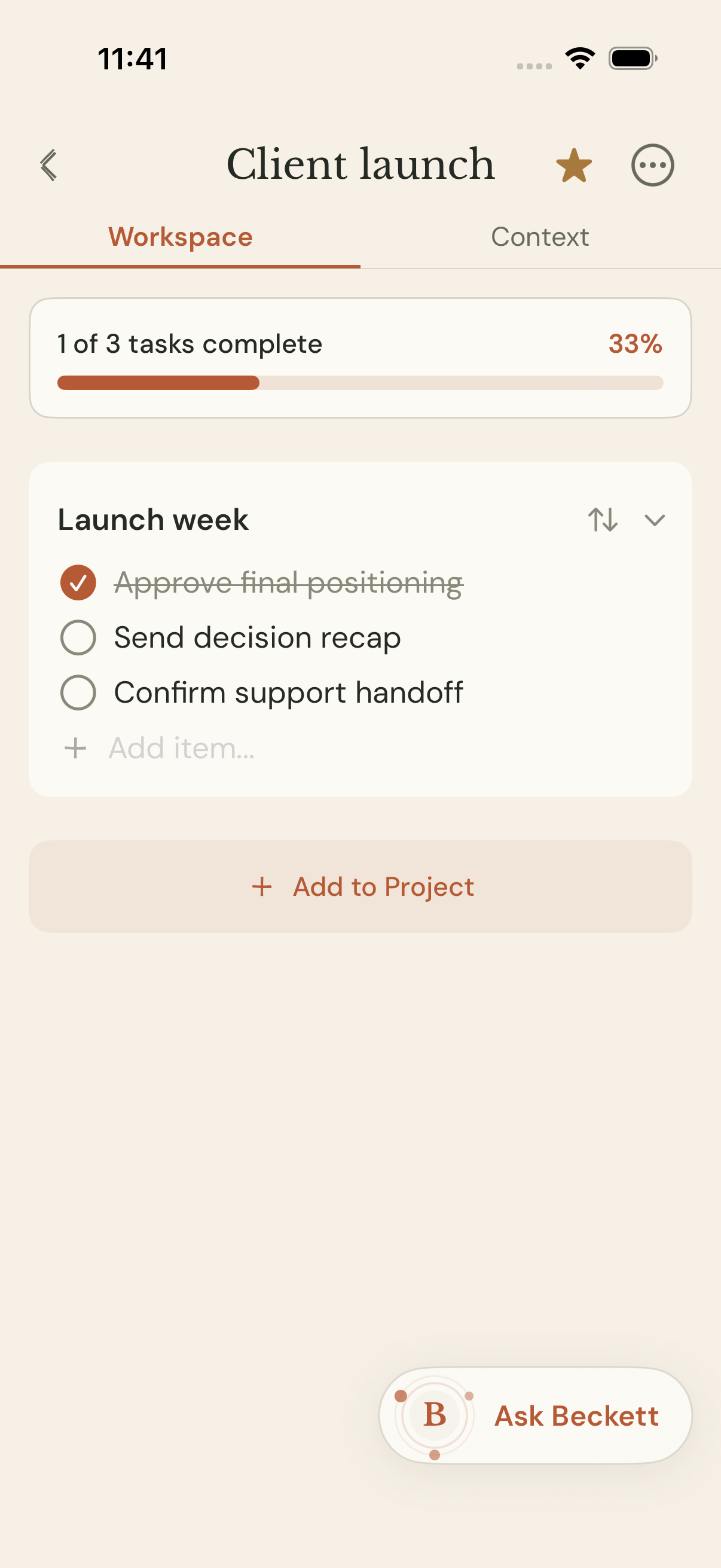 Beckett project workspace showing launch progress and a checklist for the final week.