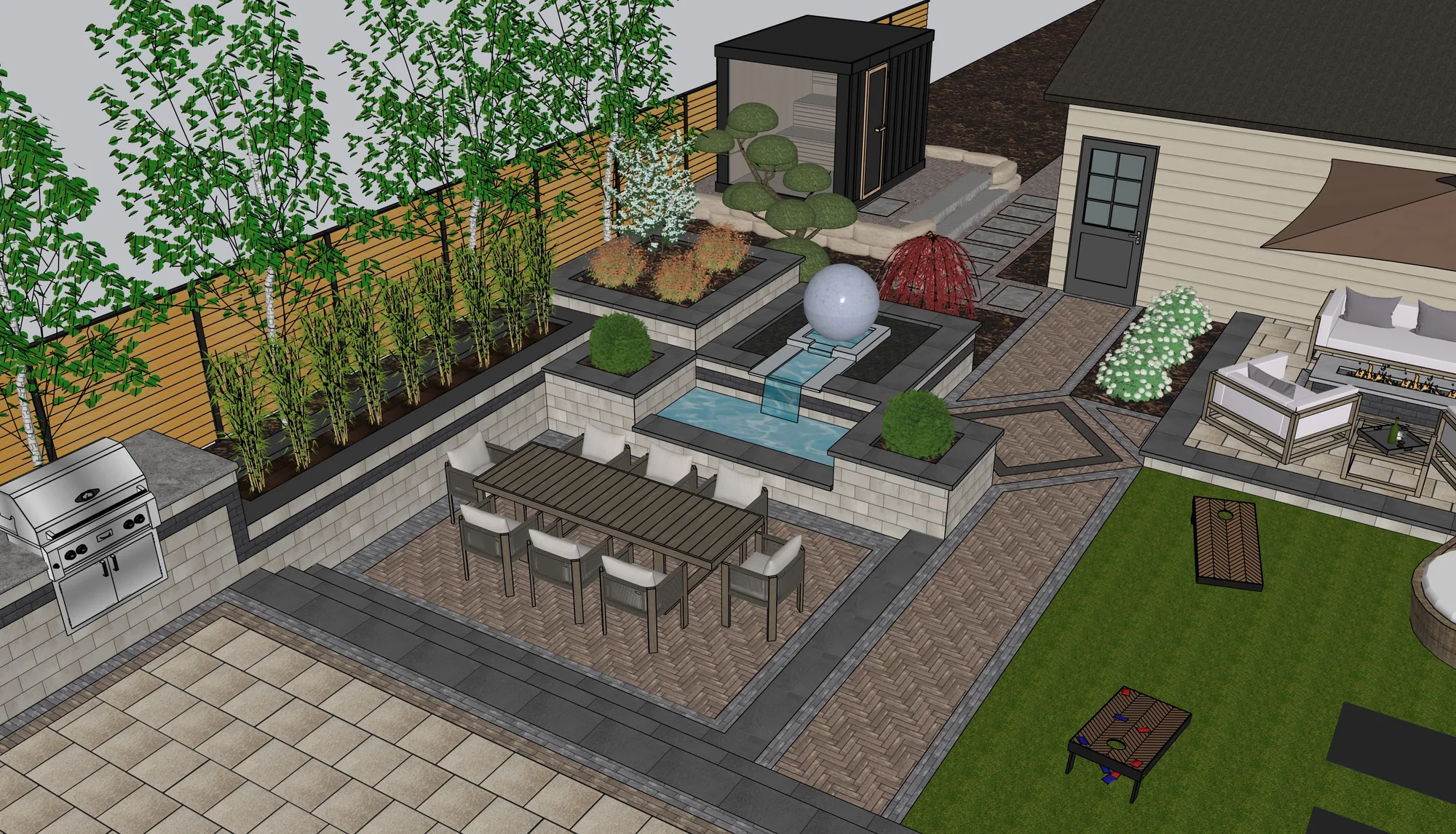 Landscape design model for an outdoor living courtyard