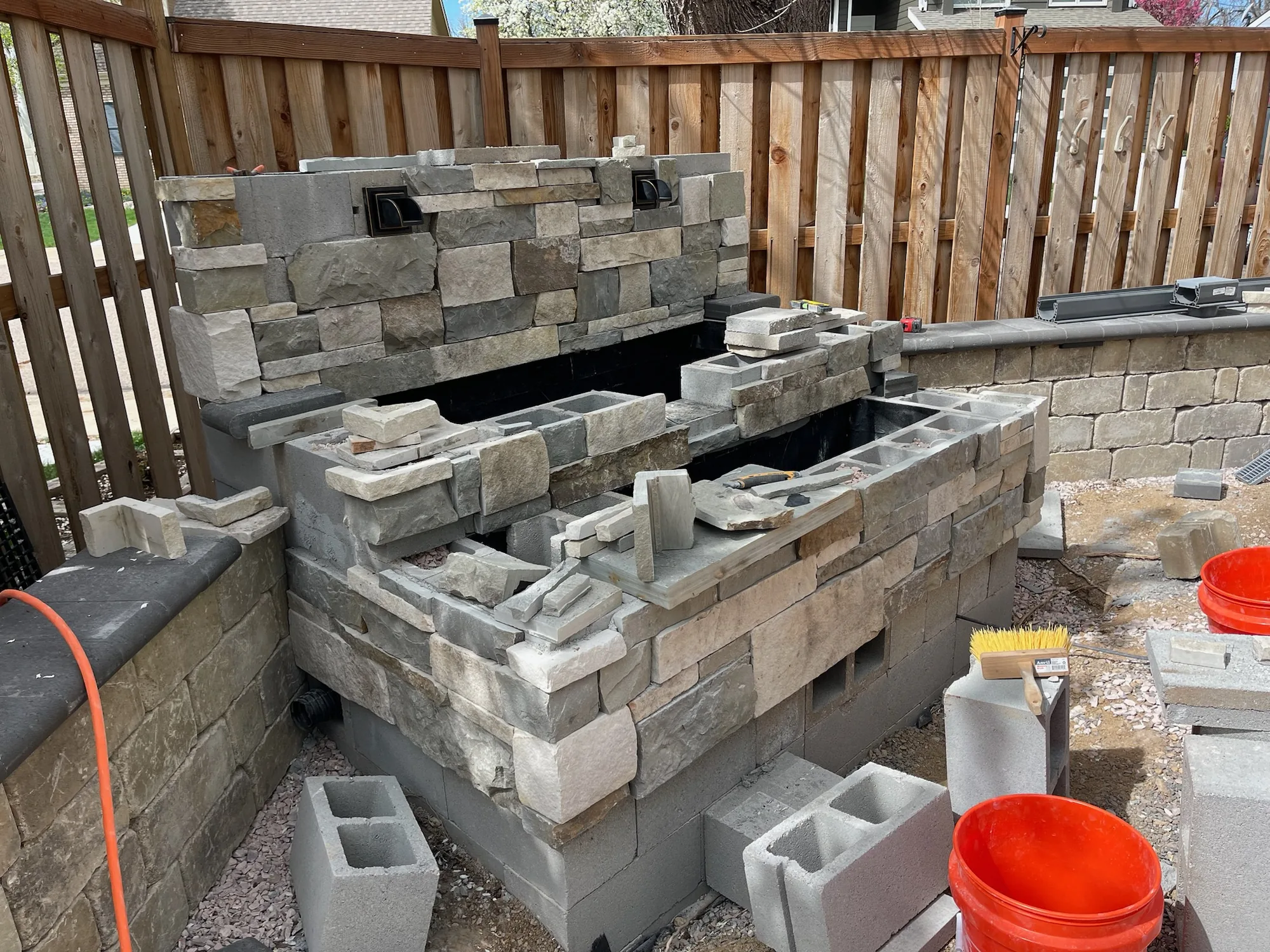 Outdoor fireplace masonry during construction