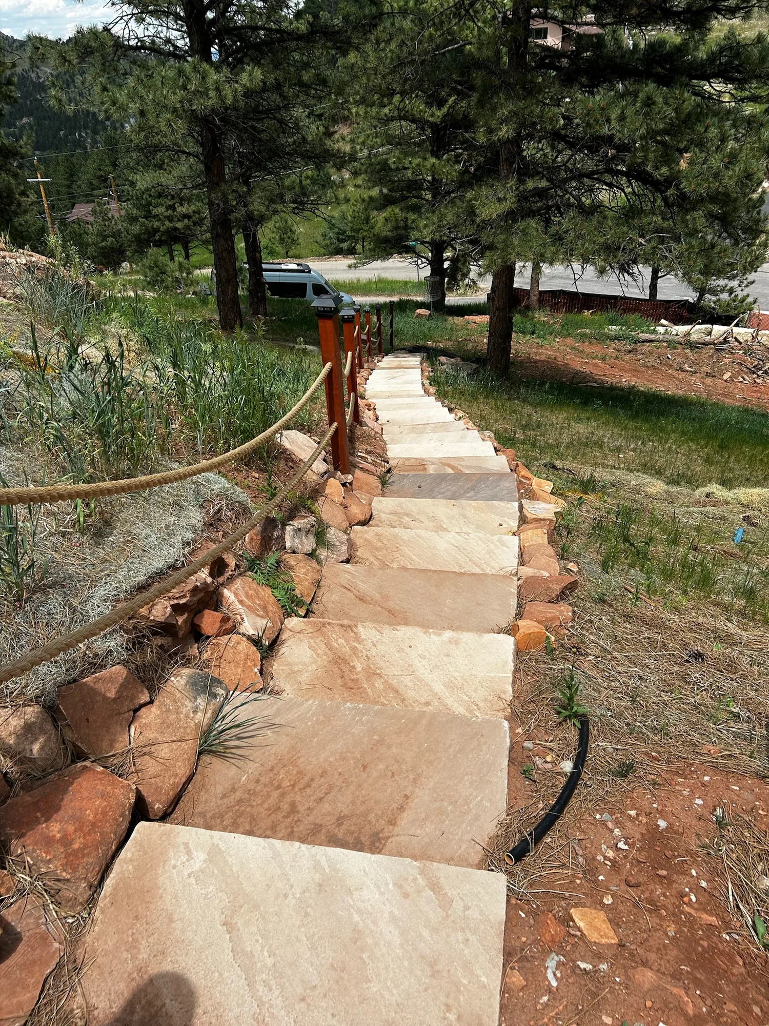 Natural stone steps descending through a wooded slope