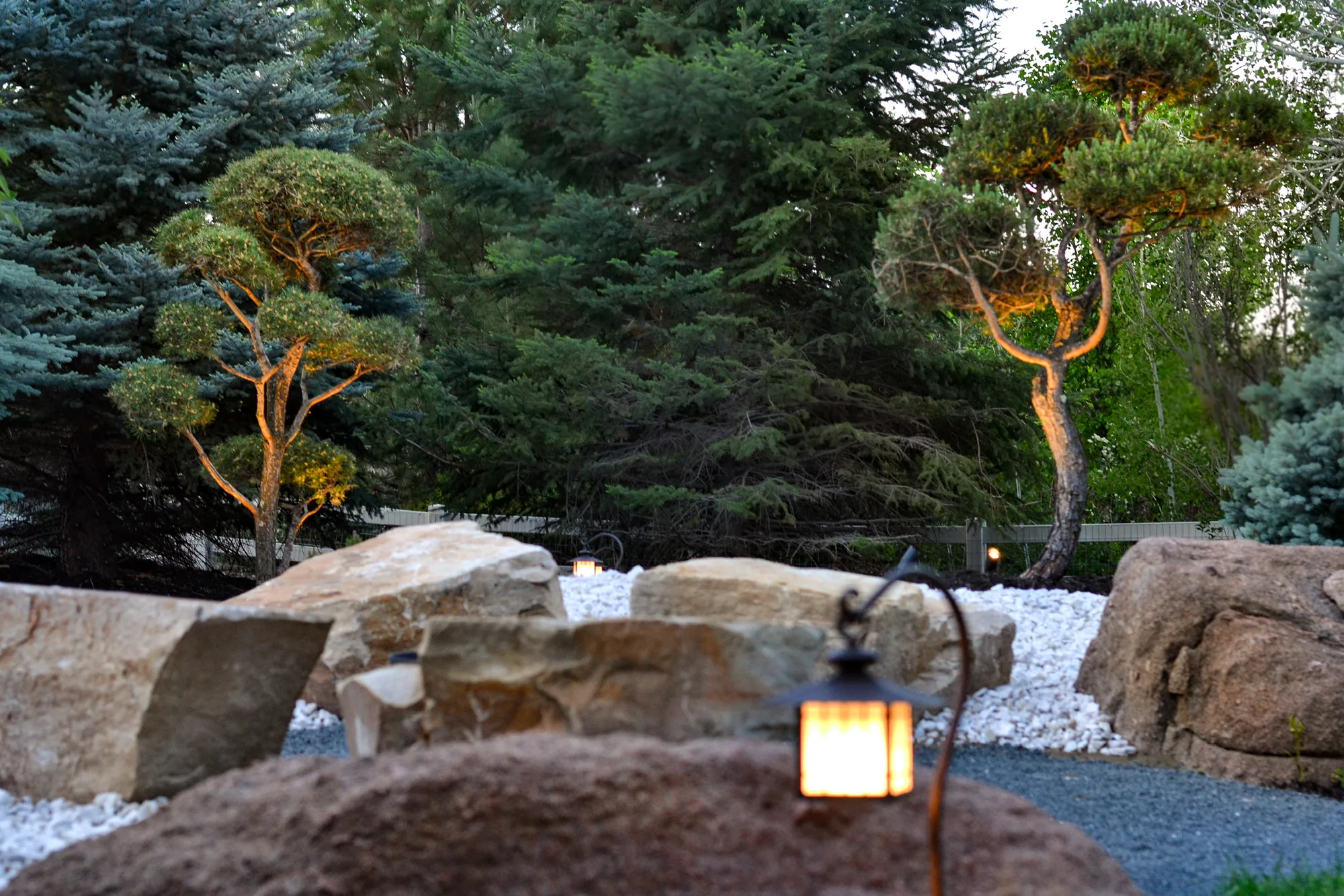 Boulder seating garden with sculptural trees and low lighting