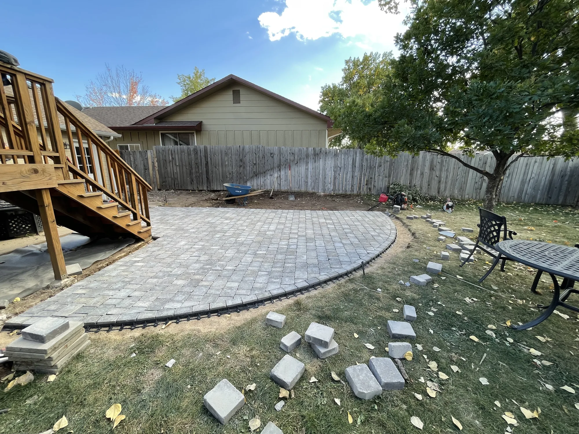 Curved paver patio during installation