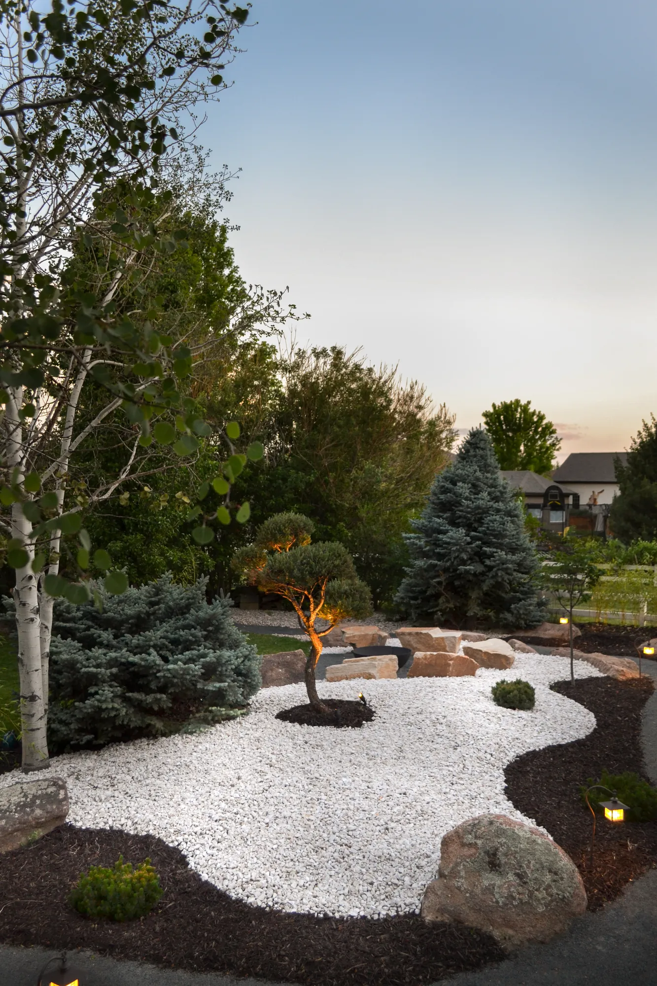 Elevated view across the paths and planting at Treestead Retreat