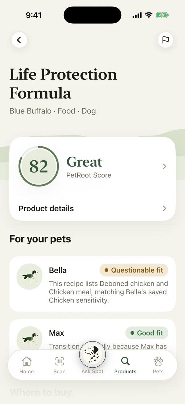 PetRoot product detail showing an independent score and pet-specific fit guidance